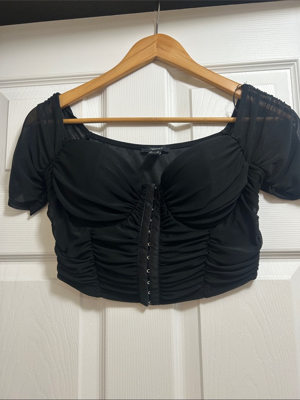 Forever 21 Black Ruched Sweetheart Off-Shoulder Mesh Crop Top